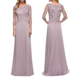 La Femme Light Mauve Floral Appliqué Jersey Column Gown NWT Size 10